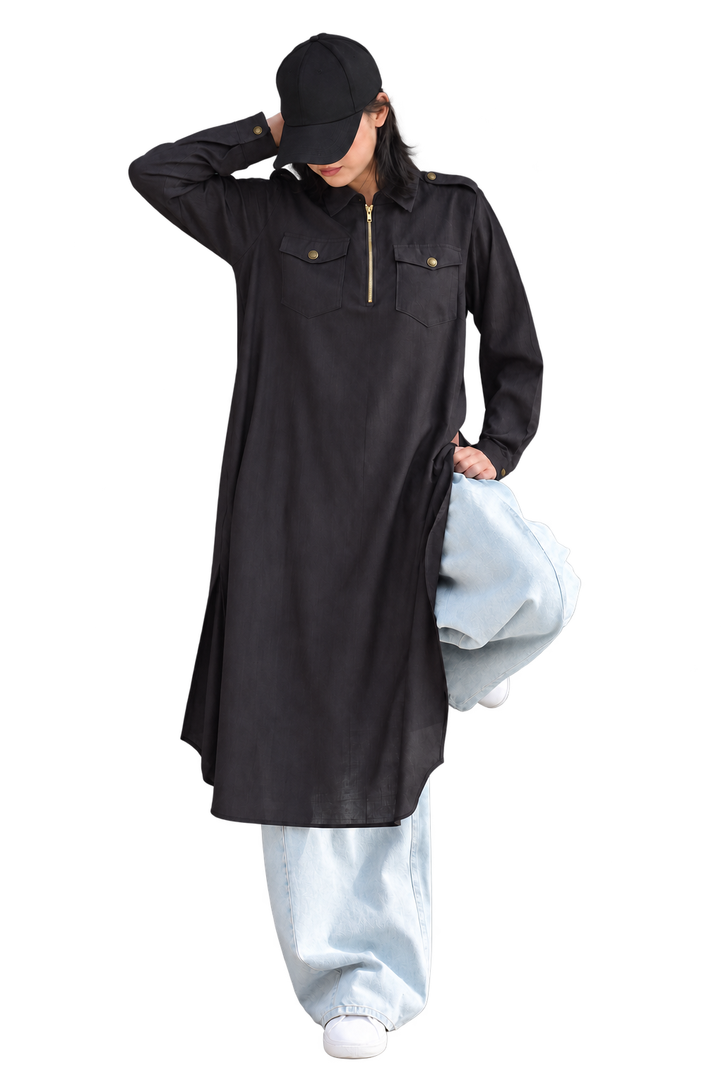 Black tunic with brass details styled with pale blue trousers